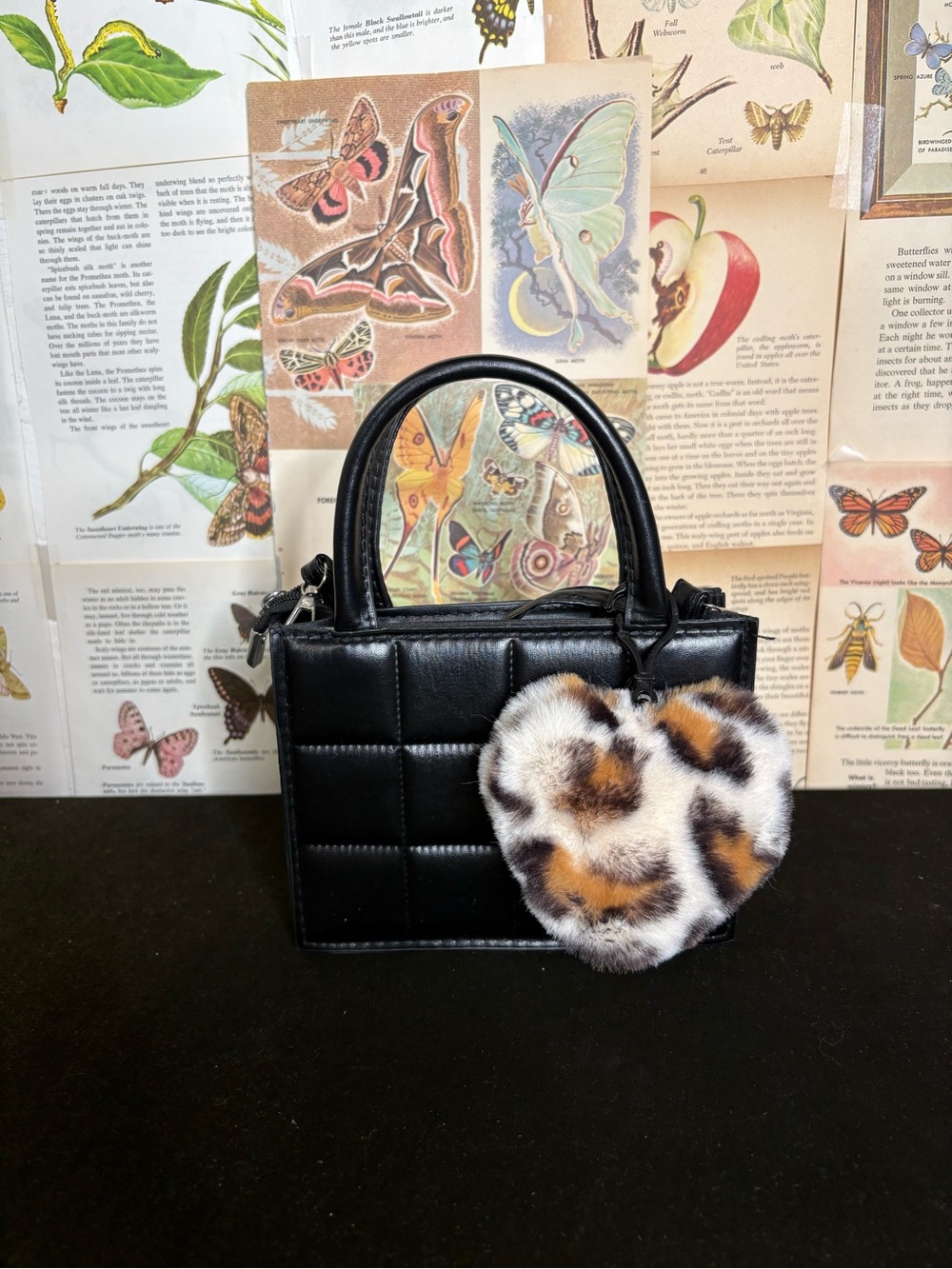 Black Quilted Mini Tote with Leopard Heart Charm
